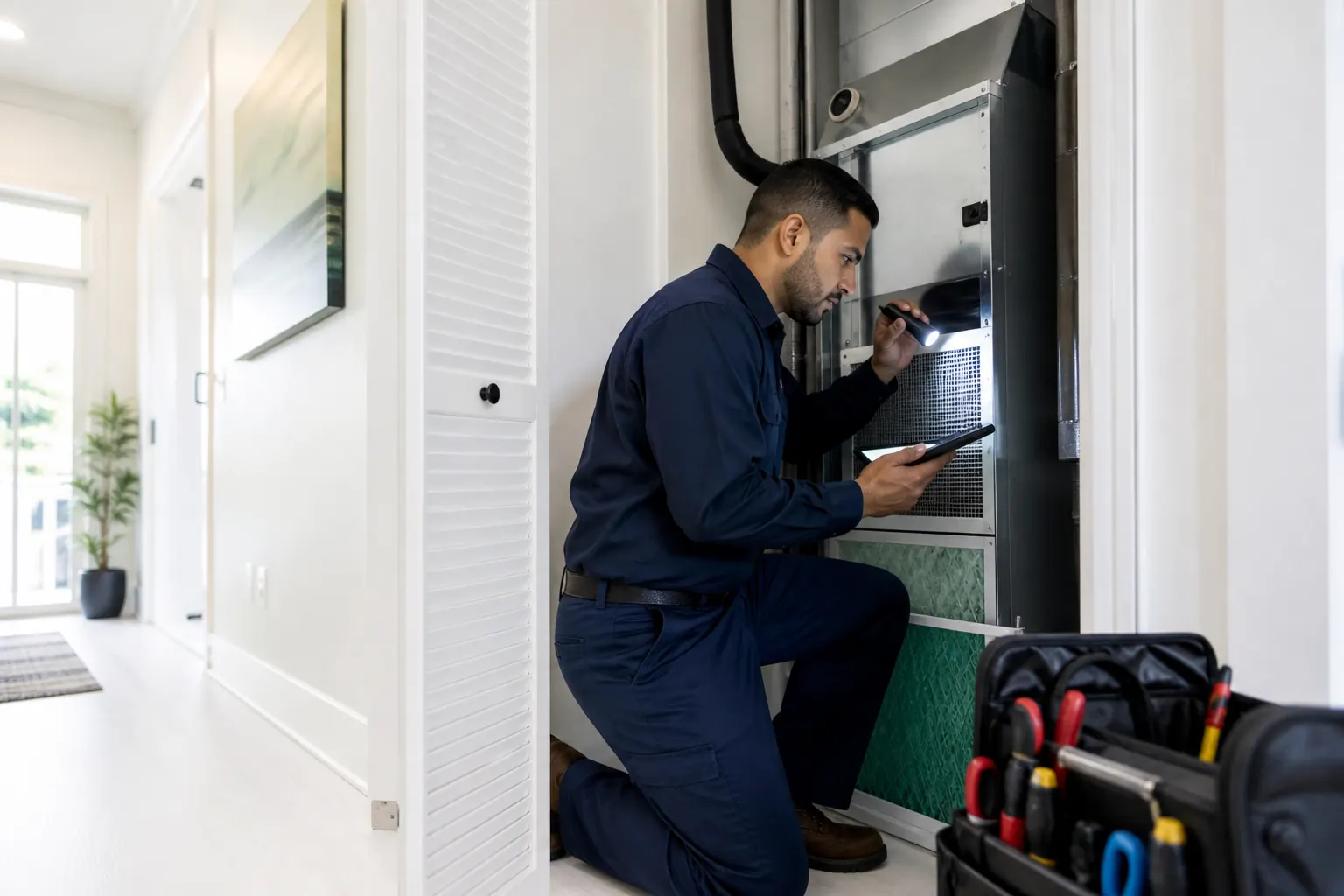 HVAC technician inspecting equipment for service in Ocoee Florida