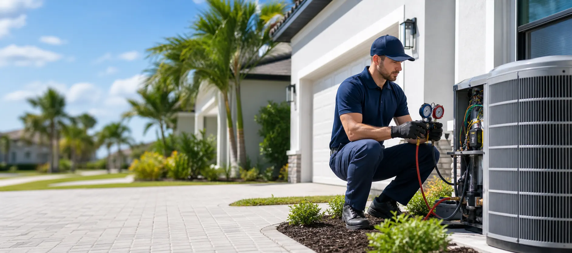 HVAC technician servicing outdoor AC equipment